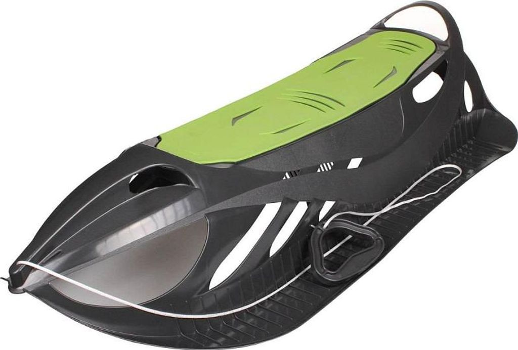 A black and green sled with a white rope and handle, isolated on a white background.