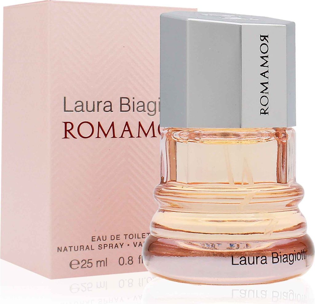 A bottle of Laura Biagiotti Romamor Eau de Toilette and its packaging are displayed against a white background.