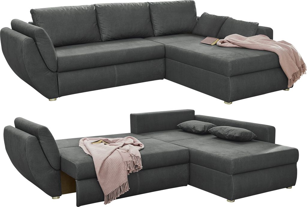 Ecksofa Schlaffunktion Couch mit Rutschenlehne Bettkasten Mikrofaser Dunkelgrau / 15228