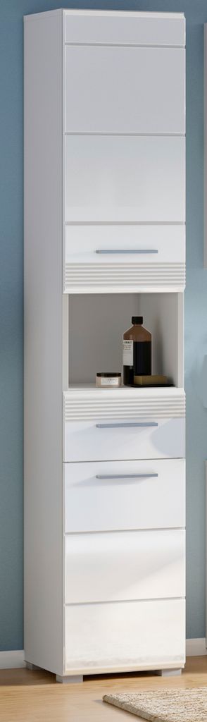 Badezimmer Hochschrank "Leon" weiß Hochglanz Badschrank 30 x 182 cm