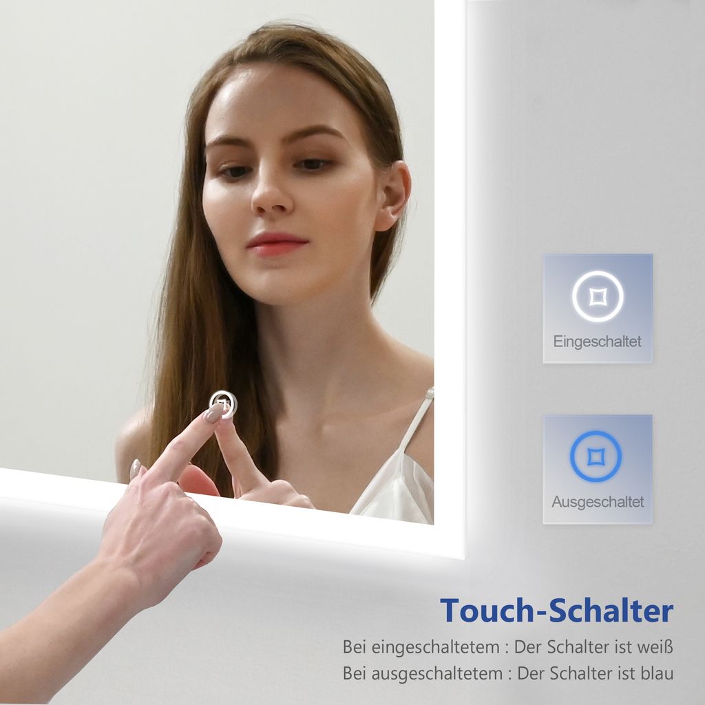 Touch-Schalter Lichtspiegel Dimmbar Warmweiß/Kaltweiß/Neutral 3000K-6400K Meykoers Wandspiegel Badezimmerspiegel LED Badspiegel mit Beleuchtung 80x60cm Spiegel mit Vergrößerung Uhr