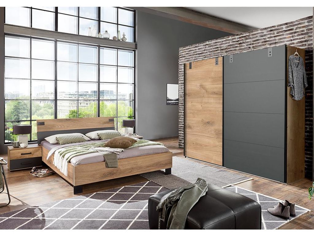 Schlafzimmer-Set mit Bett 180x200 cm & Schwebetürenschrank in Eiche mit graphit, 4-teilig - MONTELLA-43