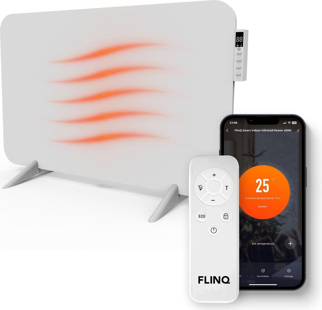 FlinQ Infrarot-Heizgerät – Smart & energieeffizient – Elektrische Infrarotheizung – App & Fernbedienung – IP44 – 450W – Weiß