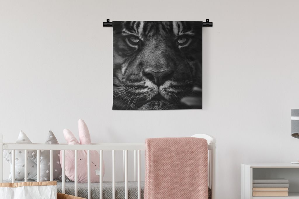 MuchoWow Wandteppich Wandbehang Tiere - Tiger - Wild - Schwarz - Weiß 60x60 cm Tapisserie Dekoration Wandtuch - Dekorationen - Wand Decke