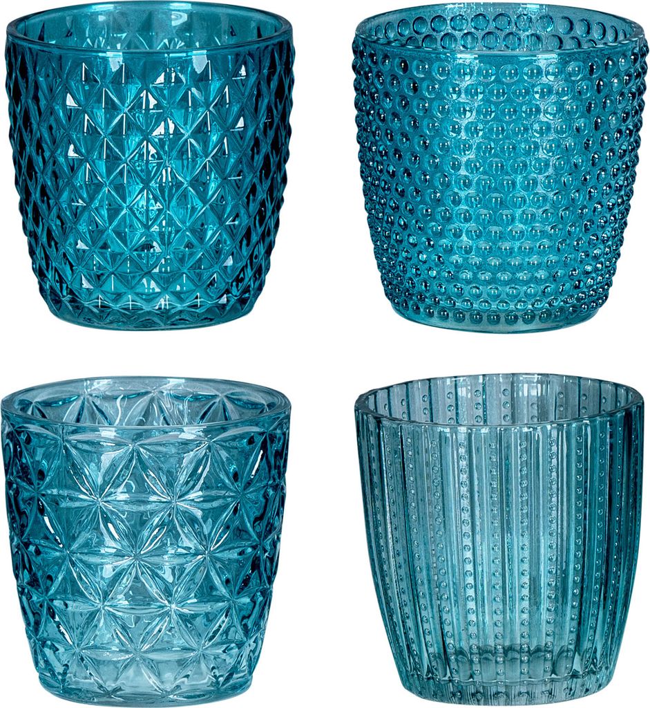 4er Set Windlicht H7,5cm Glas Türkis Teelichthalter Produktbild 