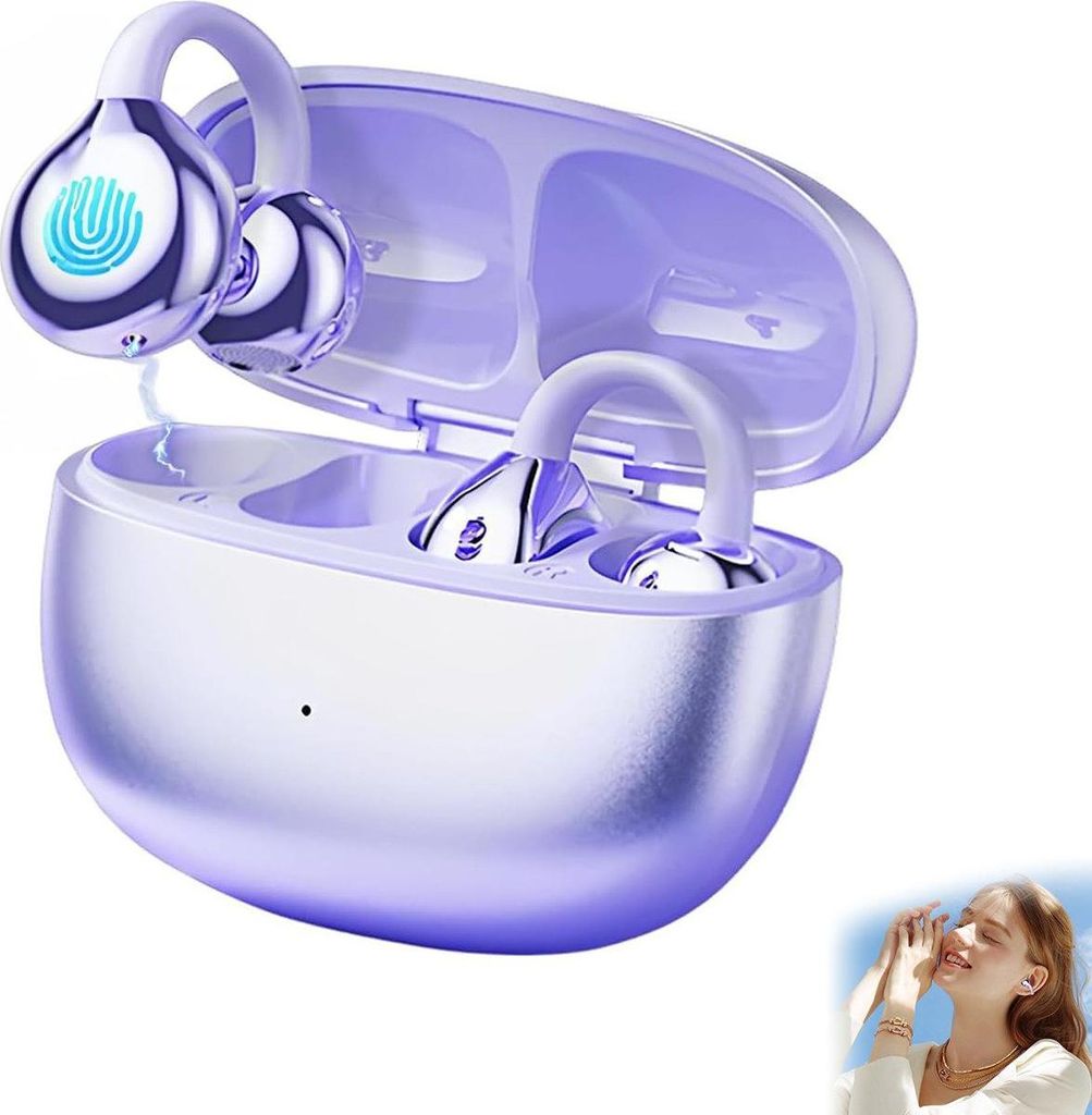 A pair of purple and silver wireless earbuds with their charging case open, displayed against a white background.