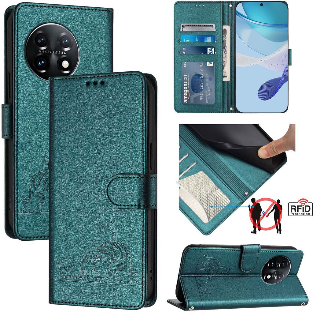 Leder Hülle für OnePlus 11 Süße Katze Flip Case Brieftasche Schutzhülle mit Standfunktion Grün