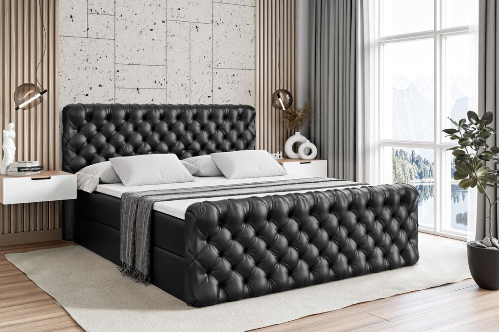 ALTDECOR Boxspringbett mit Fußteil, H4 Matratze und Topper - 120x200 cm - BOXI8-Z - Schwarz Kunstleder - Polsterbett mit Bettkasten und Lattenrost...