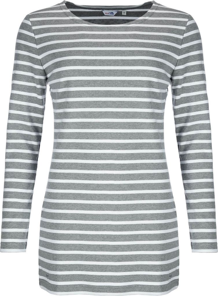 modAS Damen Long-Shirt mit Streifen Maritim - Gestreiftes Shirt Komfortschnitt aus Baumwolle in Graumelange-Weiß Größe 38