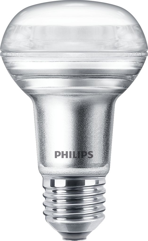 A studio shot of a Philips LED light bulb against a white background.