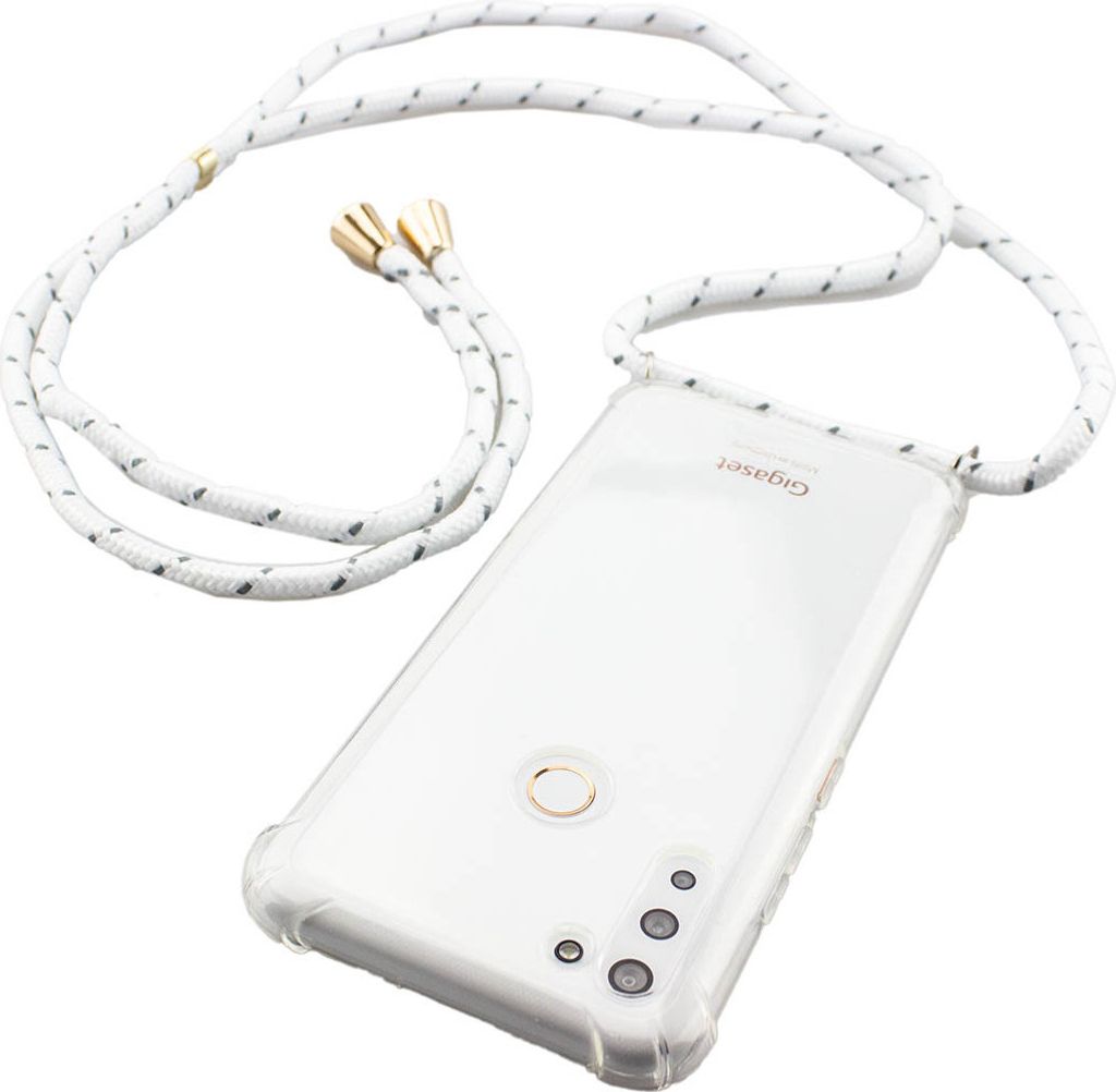 A clear, studio shot of a phone case with a lanyard attached.