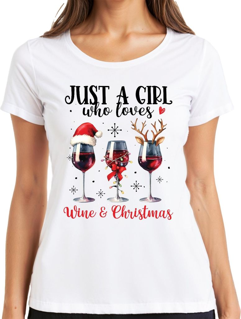 Just A Girl Who Loves Wine & Christmas - Weihnachten Weihnachtsgeschenk Christmas Damen T-Shirt, Weiß, L
