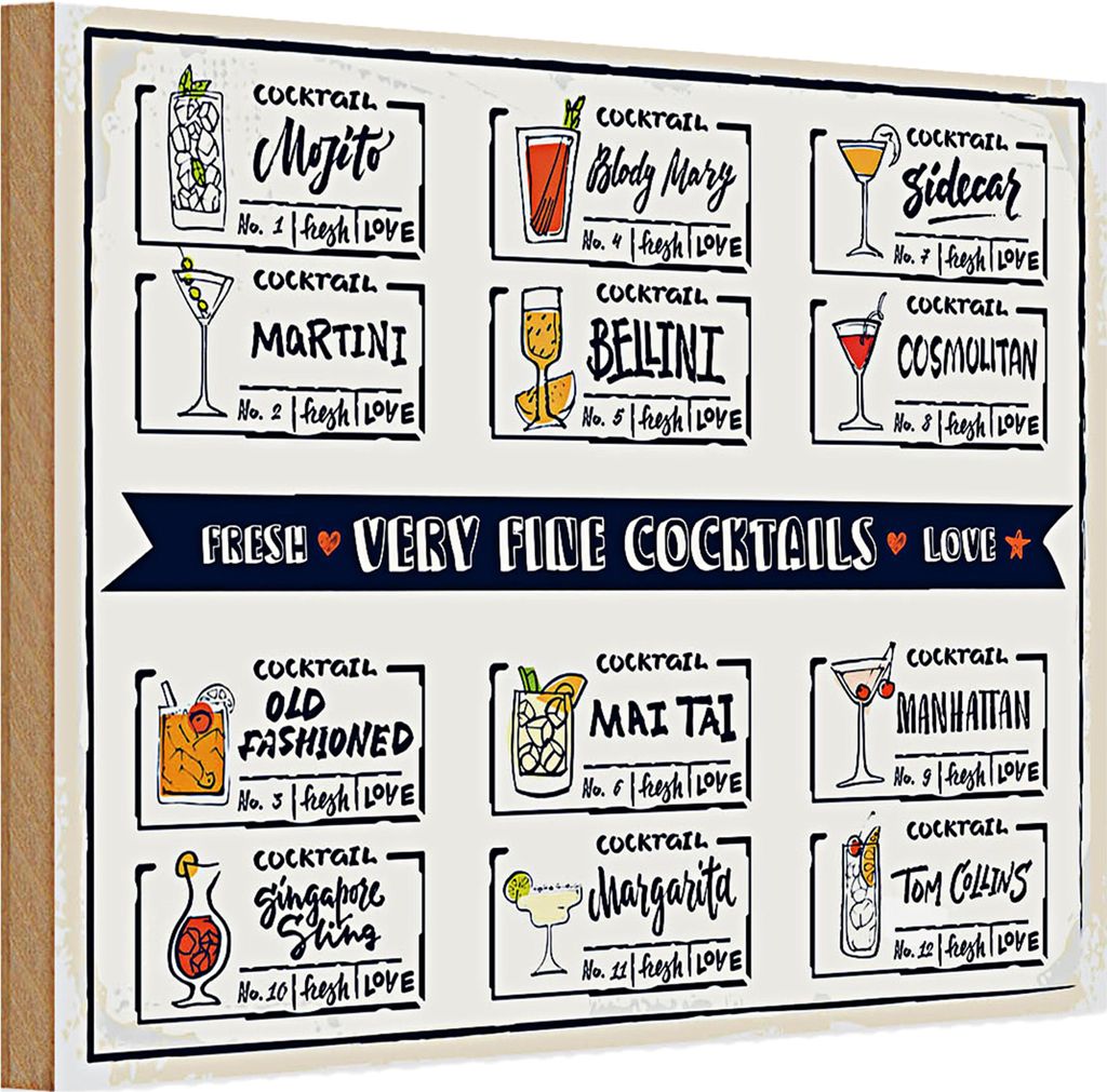 Holzschild Fresh Cocktails Mojito Maragrita 30x20cm