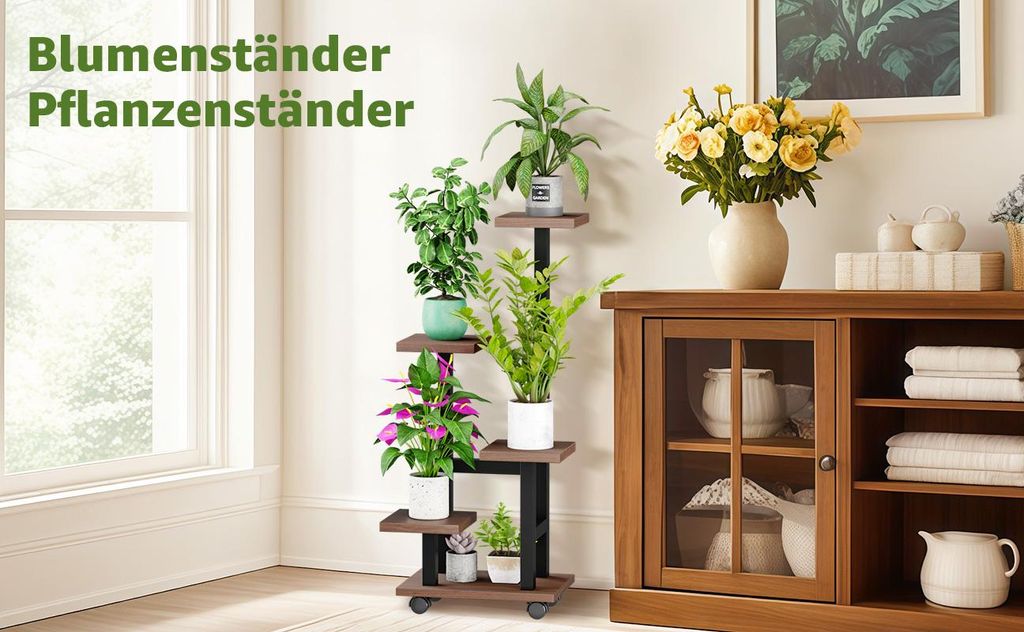 CMYbabee Hlzern Blumenstnder mit Rollen, 5 Etagen