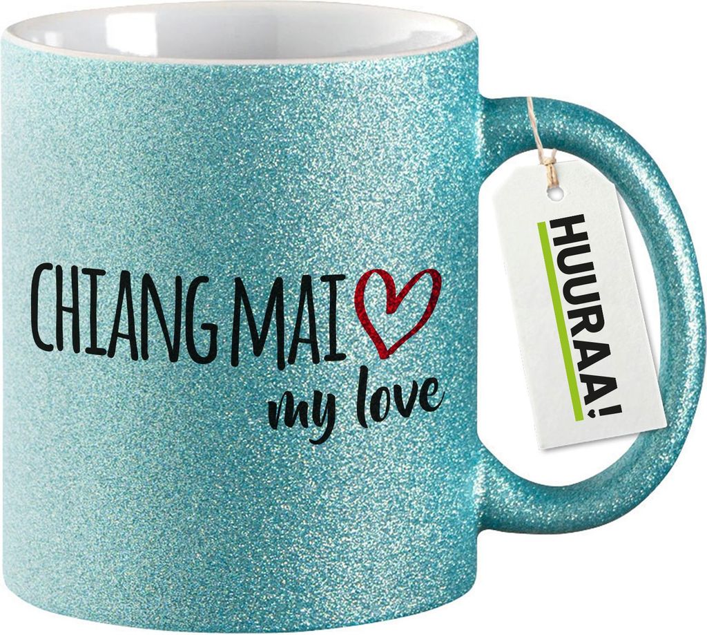 Huuraa Glitzertasse Chiang Mai my love 330ml Blau Keramik Kaffeebecher Geschenkidee