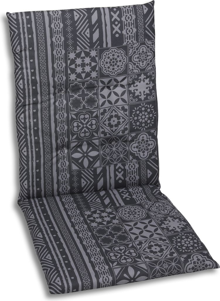 A chair cushion with a patterned fabric.