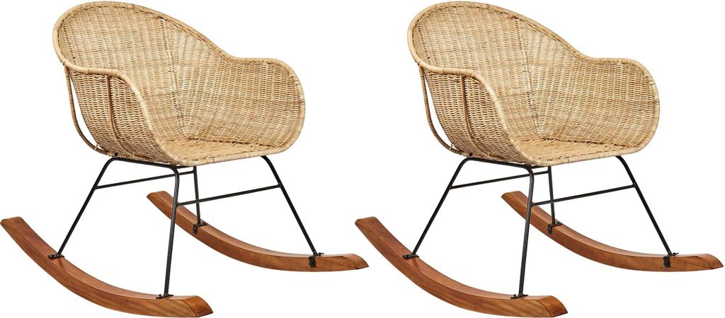 BELIANI Schaukelstuhl 2er Set Naturfarben Rattan Indoor Outdoor Mittlere Witterungsbeständigkeit Boho Stil für Garten Balkon Terrasse