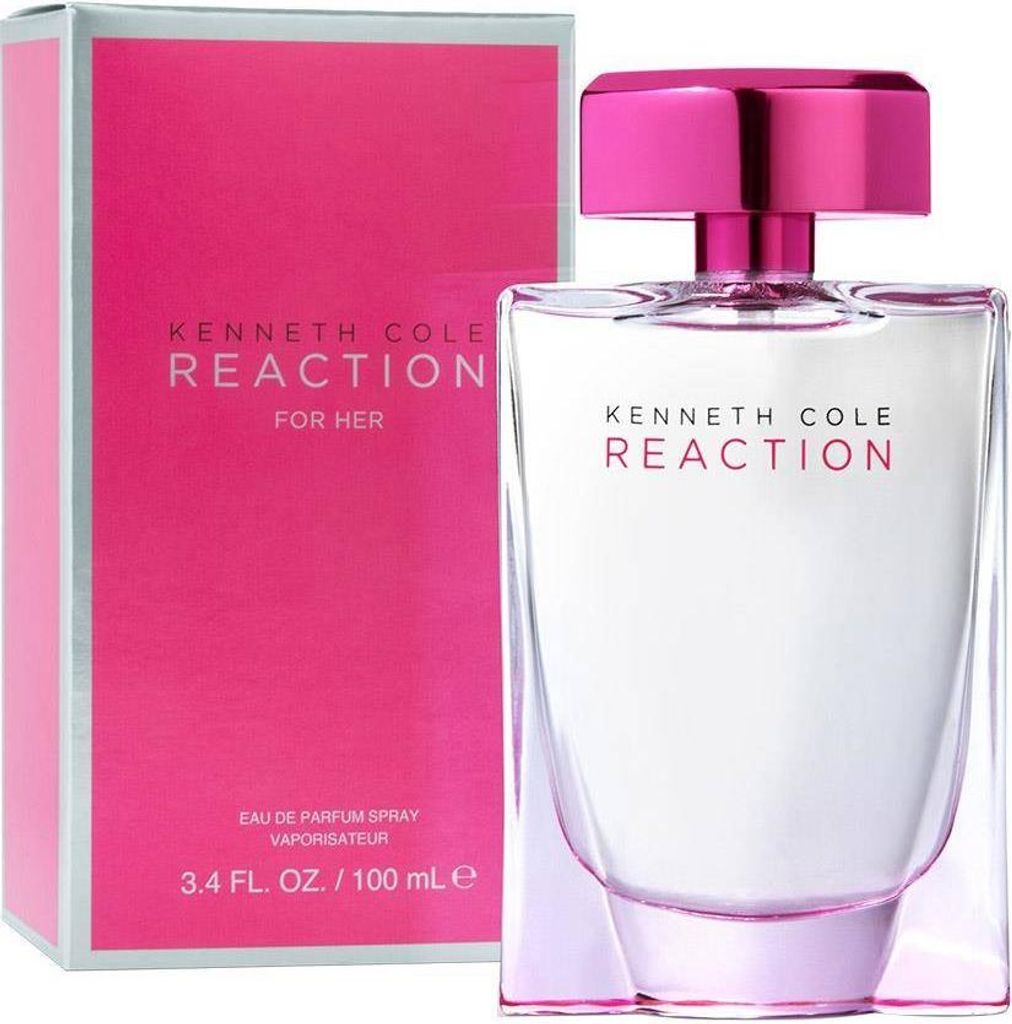 A bottle of Kenneth Cole Reaction perfume and its packaging are displayed against a white background.
