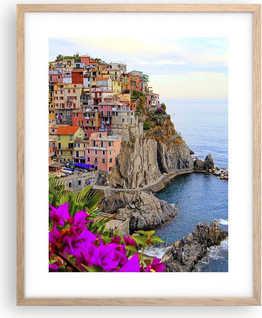 Gerahmtes Poster - Rahmen in heller Eiche - Italien küste felsen landschaft - 40x50 cm - Wand Bild - Wanddeko - Wandbilder - Wandposter - Bilderra...