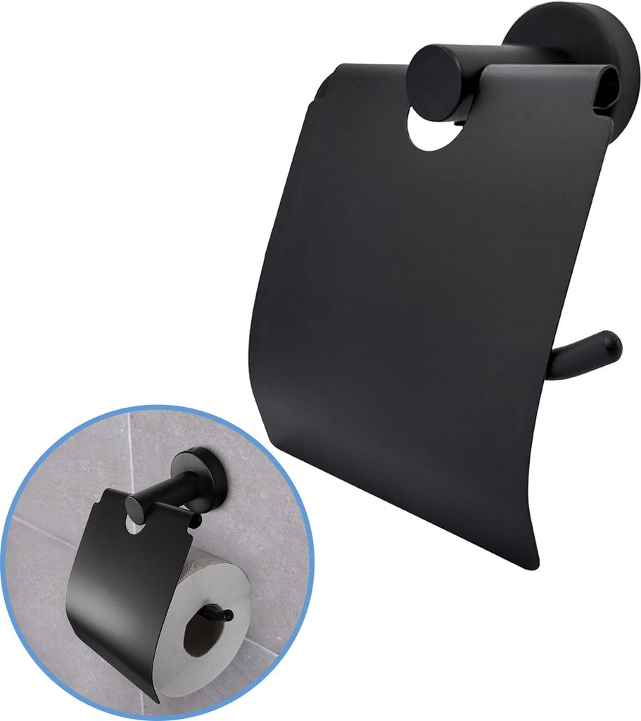 Sanics Orca Toilettenpapierhalter Schwarz mit Abdeckung - WC Rollenhalter Edelstahl Inklusive Montageset - WC Papierhalter Hangend