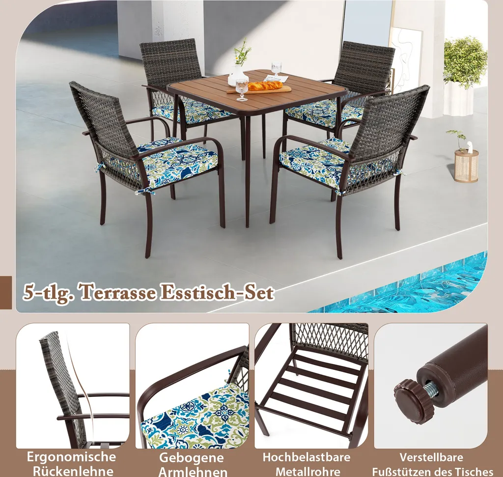 Ensemble Repas Extérieur pour Terrasse avec 4 Chaises et Table Ronde - 7