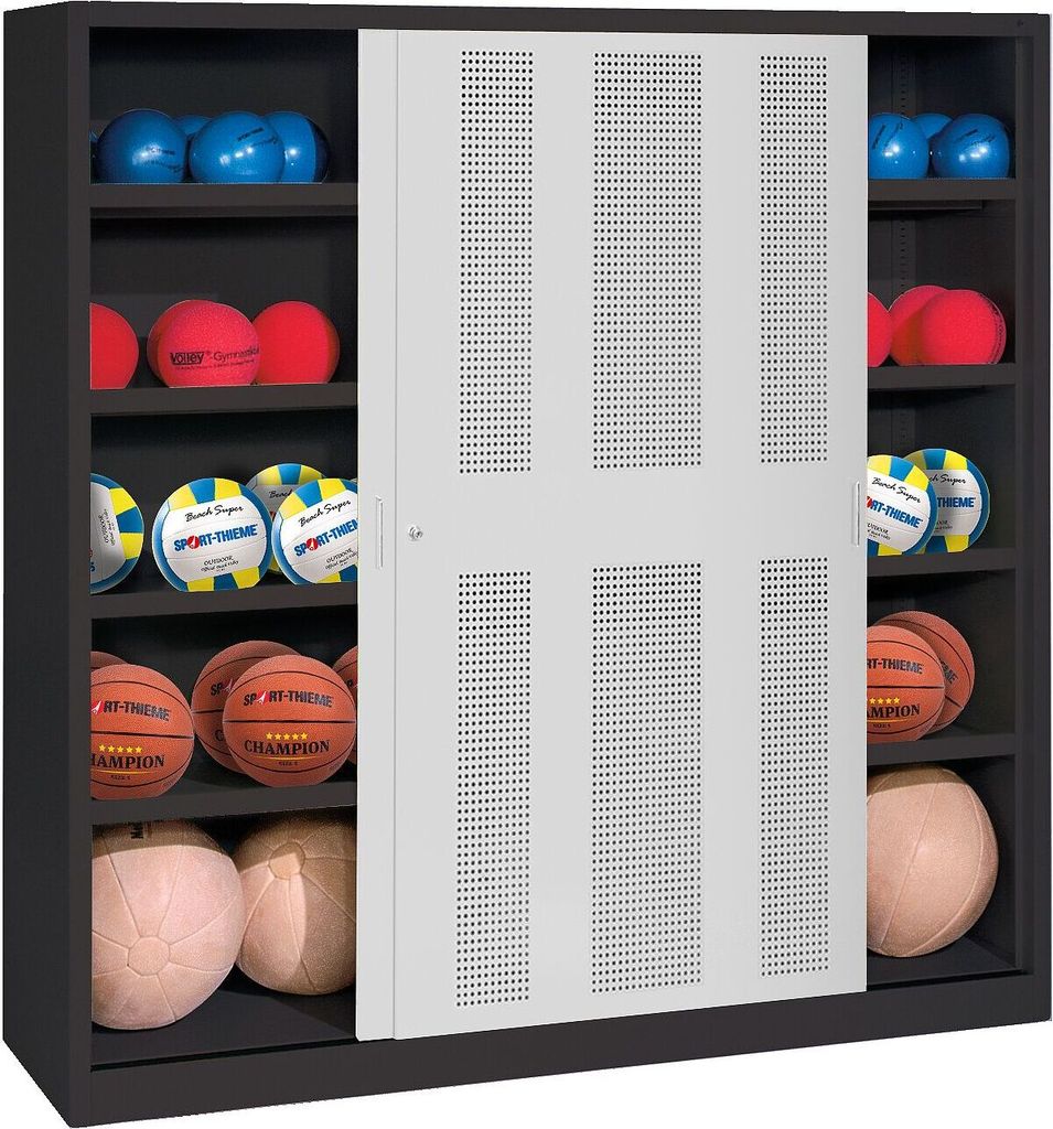 C+P Ballschrank mit Lochblech-Schiebetüren (Typ 4), HxBxT: 195x120x40 cm, Lichtgrau (RAL 7035), Anthrazit (RAL 7021), Einzelschließung