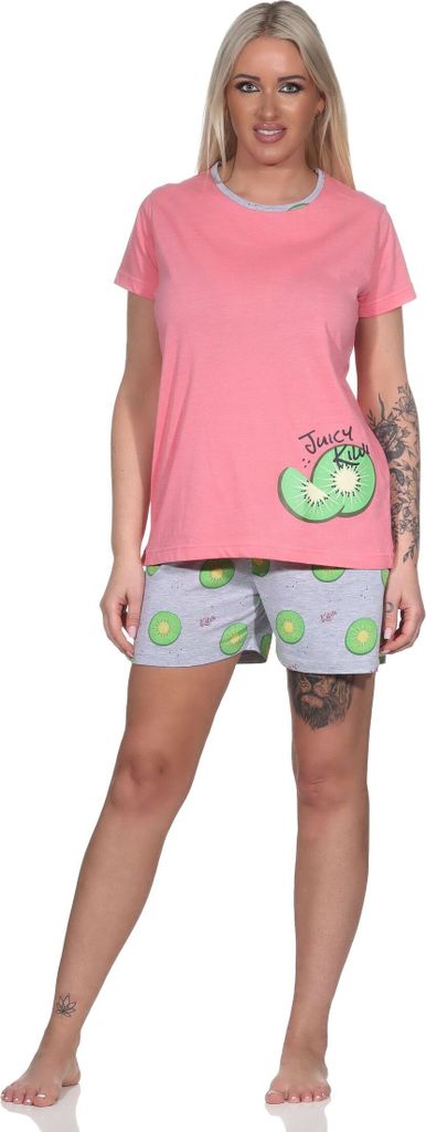 Normann Damen kurzarm Schlafanzug Shorty Pyjama mit Shortyhose in coolem allover Print ; pink , 44