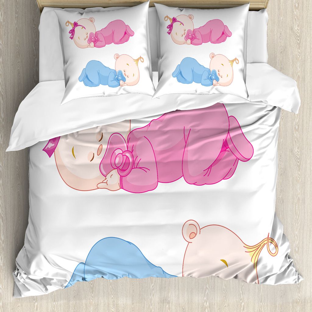 ABAKUHAUS Baby Bettbezug, 2 Charming Twins Asleep, Milbensicher Allergiker geeignet mit Kissenbezügen, 155 cm x 220 cm - 80 x 80 cm, Rosa Blau Tan