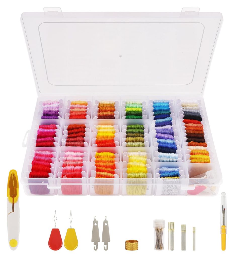 Handi Stitch 148-Teiliges Stickgarn Set - Kreuzstich Set mit Transparenter Stickgarn Aufbewahrungsbox aus Kunststoff - 110 Fäden auf Papierspulen -