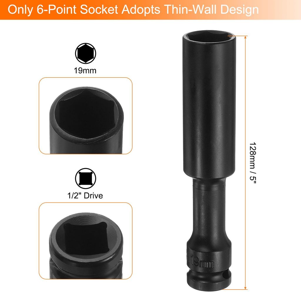 2 Stš¹ck Tiefe Dš¹nne Wand Schlagschrauber Stecknuss 19mm Metrisch 6 Punkt Stecknuss 1/2" Vierkant Antrieb 5" Lang CR-V Stahl Industriequalit?t...