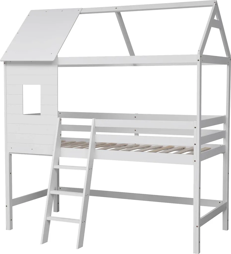 Lit enfant mezzanine cabane MARGOT blanc 90x190 pour petite chambre