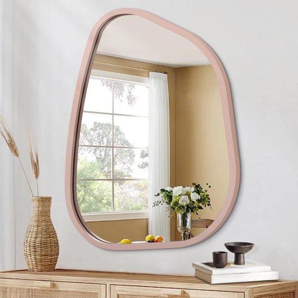 Asymmetrische Wandspiegel mit Holzrahmen, unikale Form, Wandhalterung, artistische Spiegeldekoration für Wohnzimmer und Schlafzimmer.