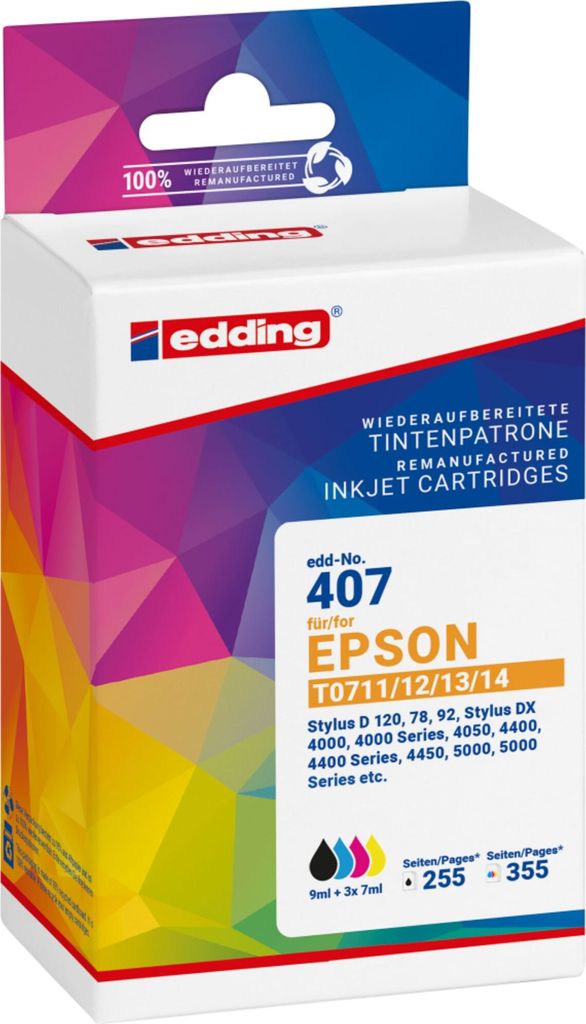 edding EDD-407 schwarz, cyan, magenta, gelb Druckerpatronen kompatibel zu EPSON T0715, 4er-Set
