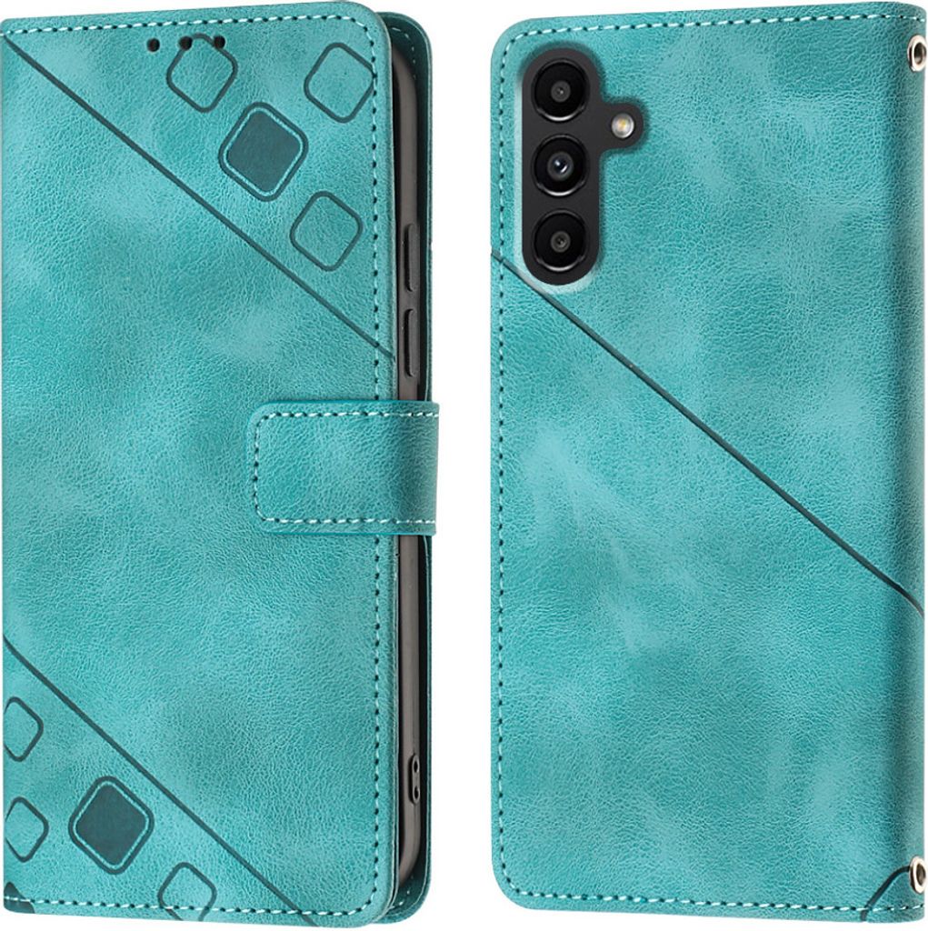 A teal flip leather wallet case for a Samsung Galaxy A14 5G is shown from the front and back.