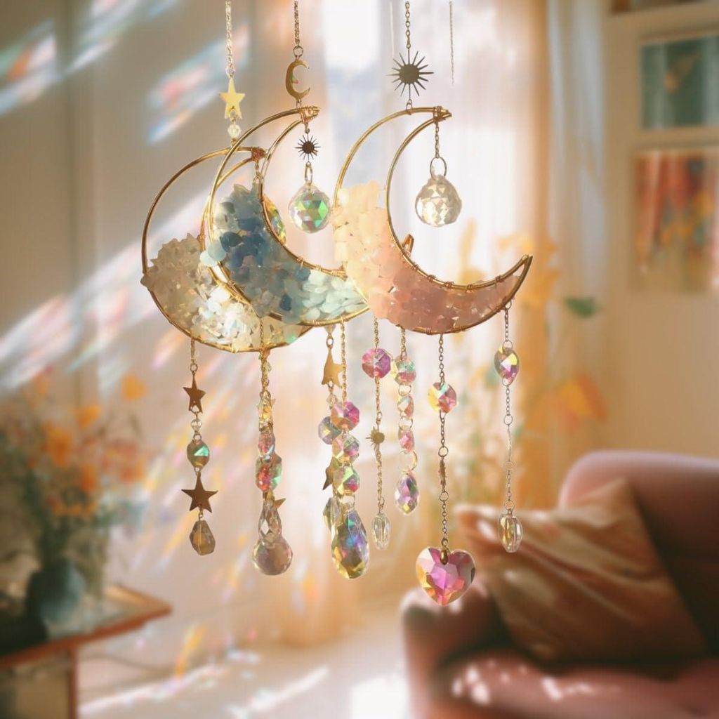 Sonnenfänger Kristall Mond Fensterdekoration mit Kettenanhänger Ornament Kristalle zum Aufhängen - Windspiel für Fenster Schlafzimmer Auto Haus...