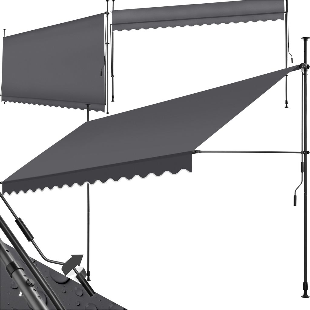 Two gray awnings are shown against a white background. One awning is extended and angled downwards, supported by poles. The other awning is retracted and positioned above and behind the first.