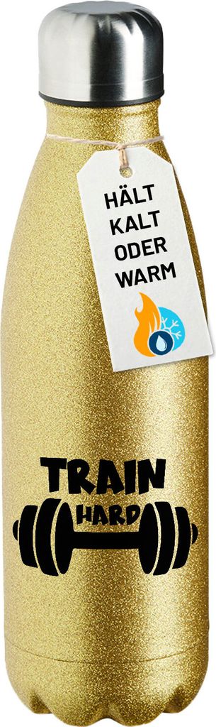 Huuraa Trinkflasche Train hard Hantel 500ml Gold Edelstahl Wasserflasche Trinkflasche Geschenkidee
