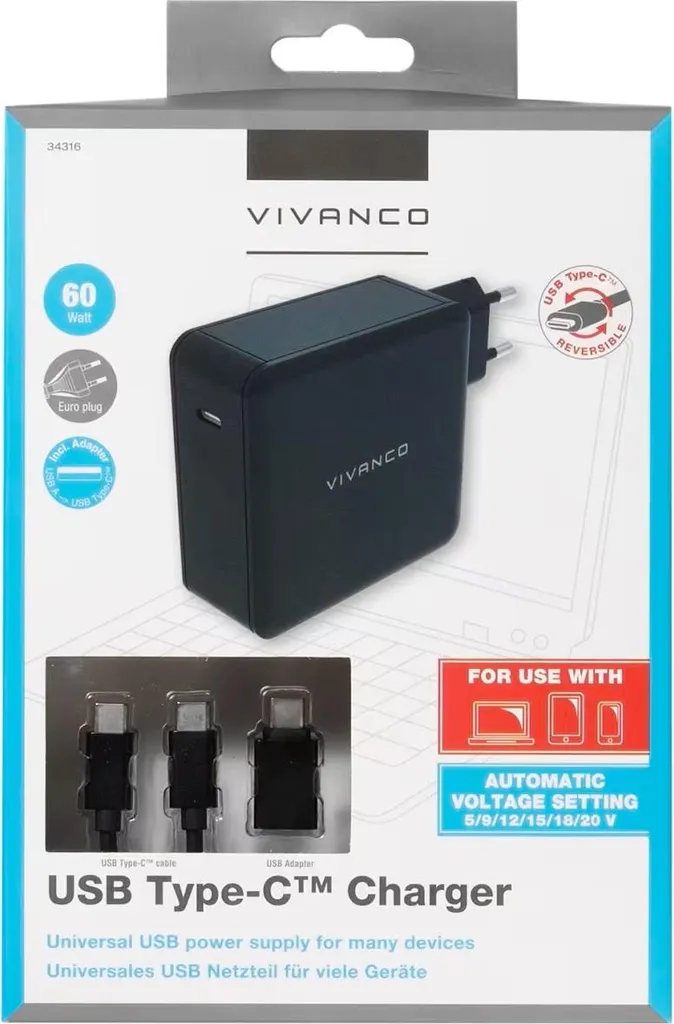 Chargeur USB Type-C 60W idéal pour télétravail et voyages - Modèle 34316