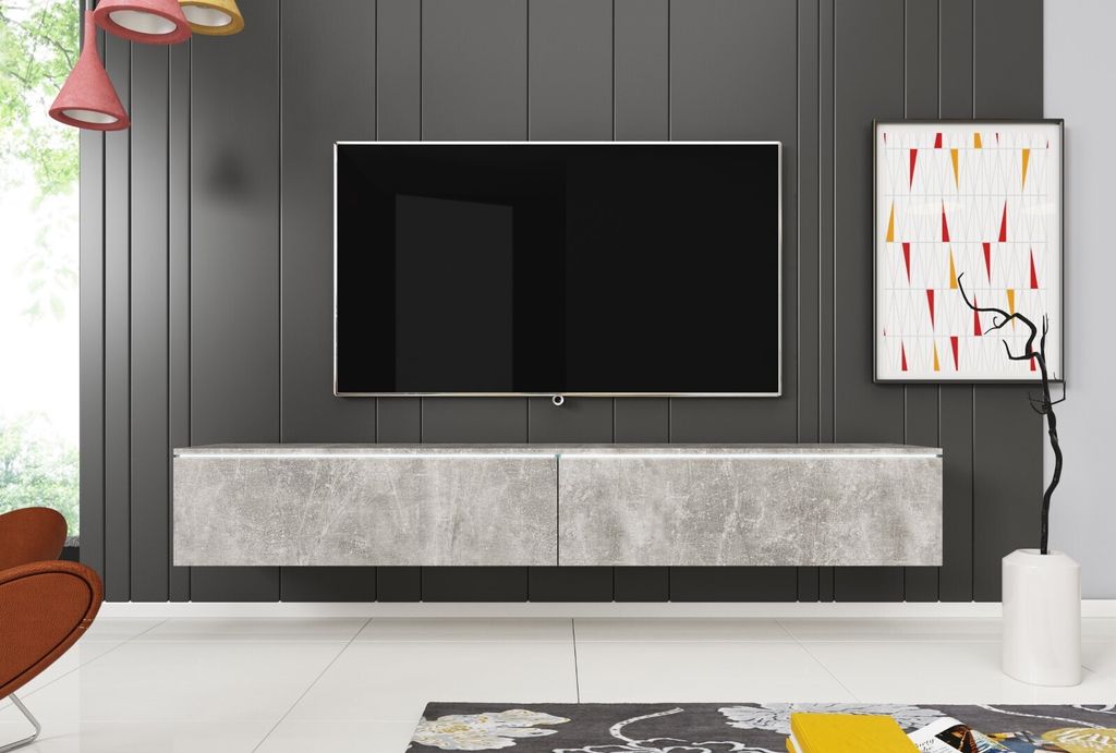 A modern living room with a wall-mounted TV cabinet and television.