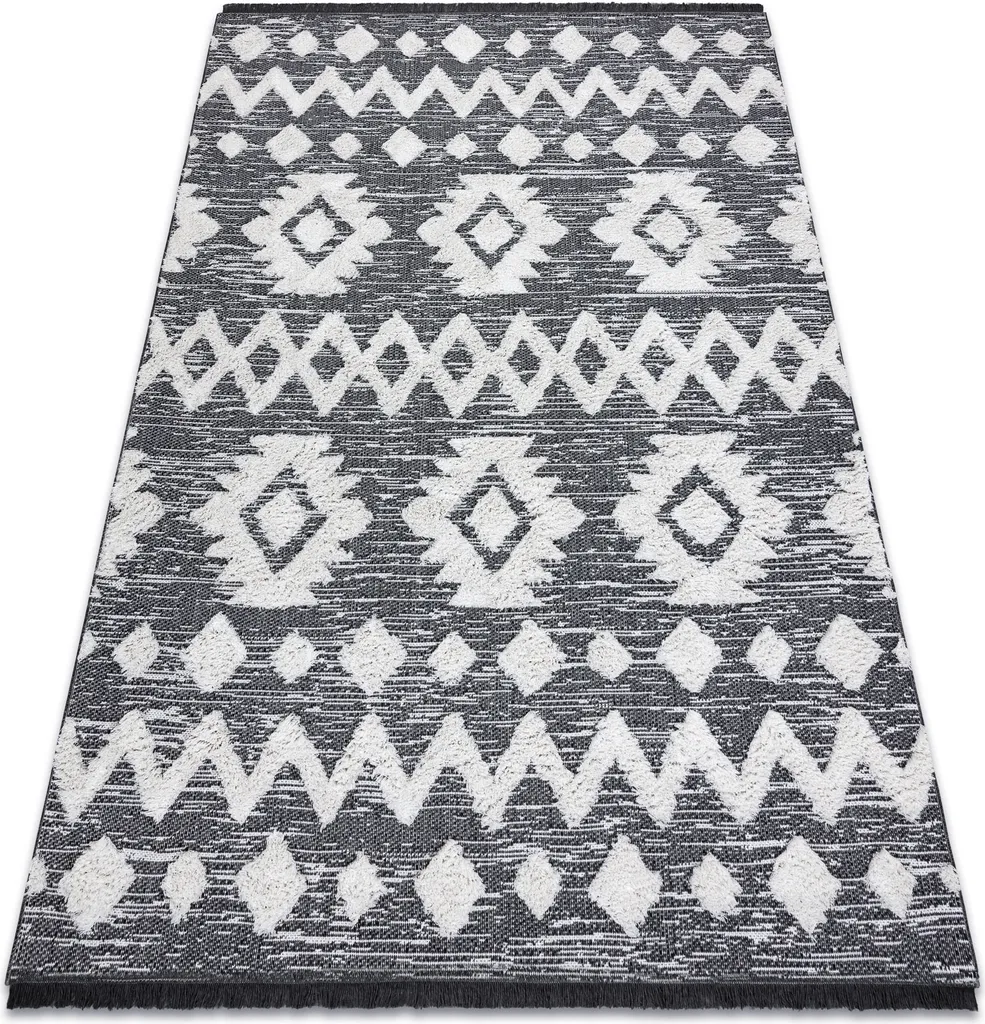 Grand Tapis de Salon Style Berbère à Motifs Géométriques et Pompons