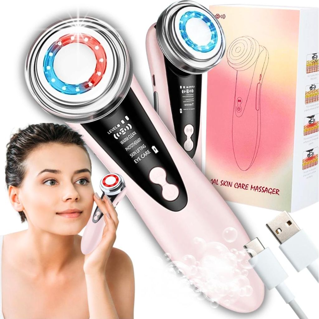 A woman is shown using a pink facial massage device, with the product and its packaging also visible.