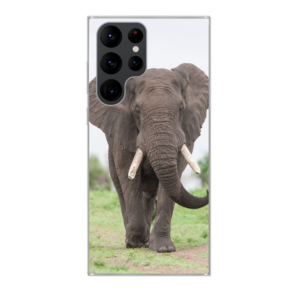 MuchoWow Handyhülle Schutzhülle Hülle für Samsung Galaxy S22 Ultra Elefant - Tiere - Gras - Natur Silikon Softcase Handy Hülle - Abbildung