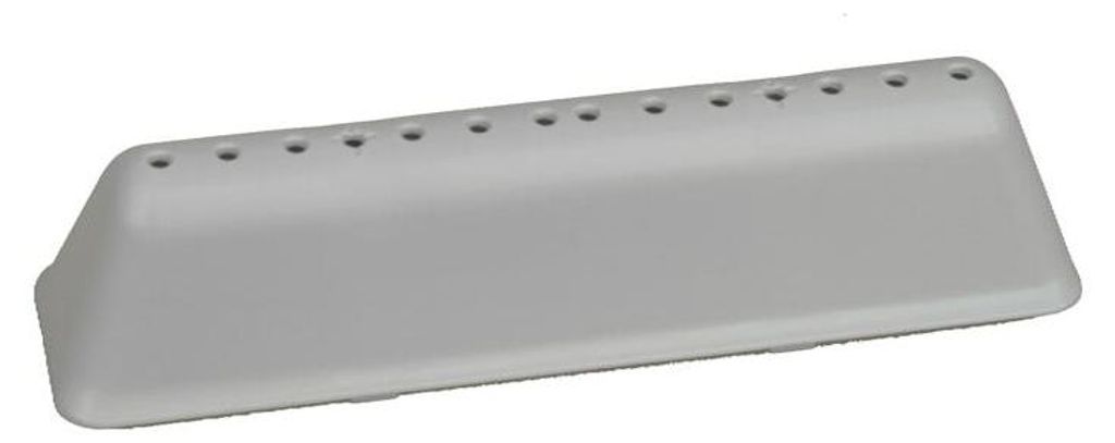 A gray plastic washing machine drum paddle is shown against a white background.