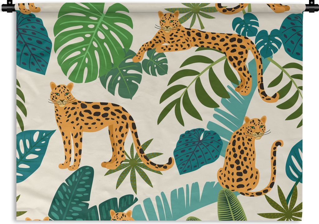 MuchoWow Wandteppich Wandbehang Dschungel - Leopard - Pflanzen - Muster - Mädchen - Jungen 90x67.5 cm Tapisserie Dekoration Wandtuch - Fototeppi...