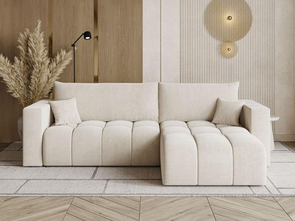 GrainGold Ecksofa L-Form Neva - Ecksofa mit Schlaffunktion, Bettkasten - Moderne Ecksofa, Wohnzimmer Sofa - Eckcouch mit Velvet-Stoff - Beige (Cast...