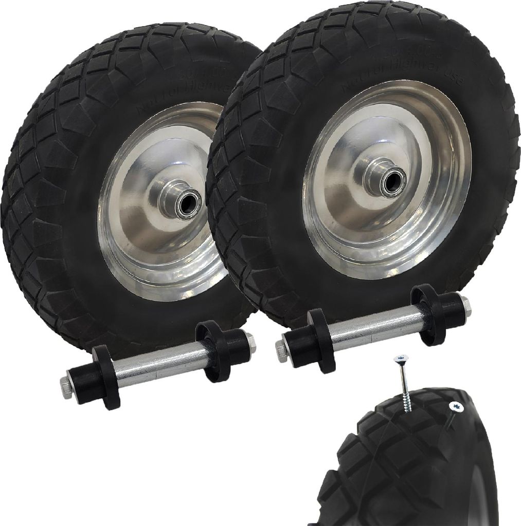 2x Schubkarrenrad pannensicher Vollgummi 4.80/4.00-8 grau/schwarz + Achse Ersatzrad Reifen PU