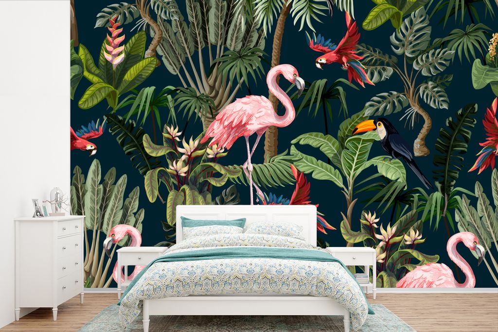 MuchoWow Fototapete für Wohnzimmer oder Schlafzimmer Wandtapete Vinyl Motivtapete Jungtiere - Muster - Kinder - Flamingo - Papagei - Kinder - 33...