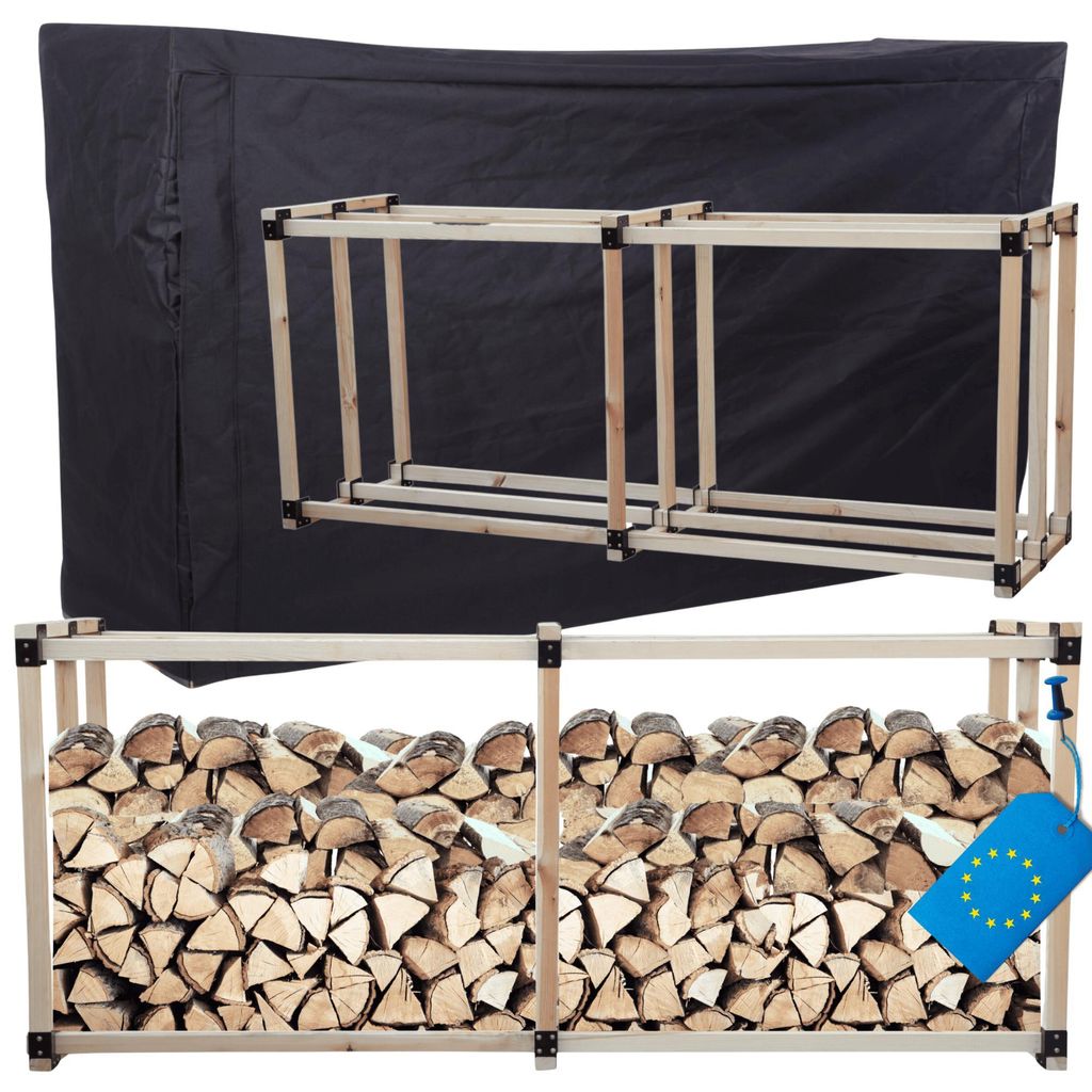 MODO24 Kaminholzregal, Holzunterstand, mit Abdeckung, Schutzplane, Brennholzregal, Holzlager, Garten, Wetterfest, Massivholz, 154x232x80 cm, DRE