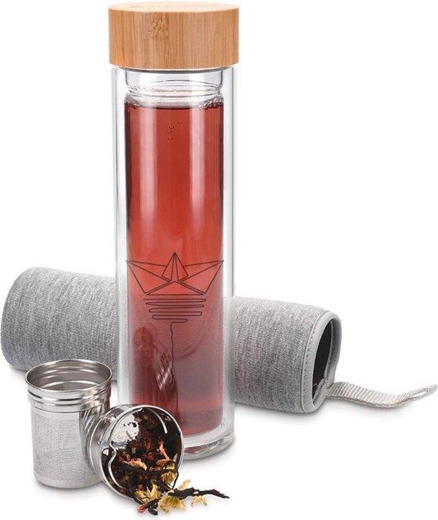 Frischwasserglas mit Porenfilter - Trinkgefäß 500 ml, Teezubehör für Reisen - Trinkflasche mit Fischmotiv - doppelschalig aus Borosilikateglas ...