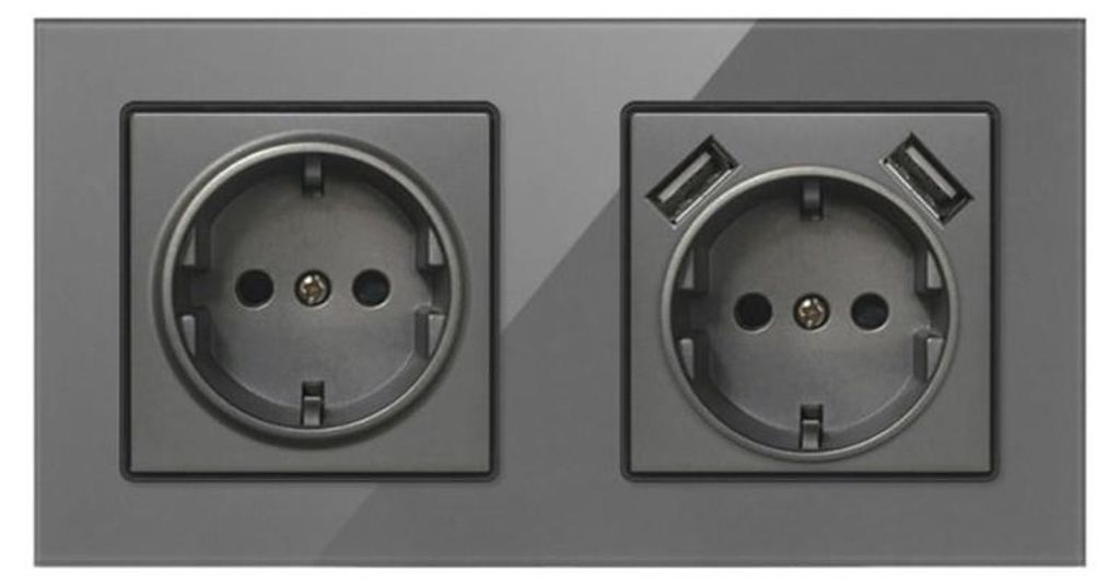 Dvojitá stenová zásuvka s 2 USB portmi a skleneným panelom Obrázok produktu 